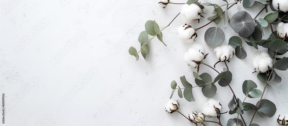 Canvas Prints Top view of delicate white cotton flowers and fresh eucalyptus twigs on a light gray background in a flat lay flowers composition with copy space image, ideal for a floral background or greeting card.