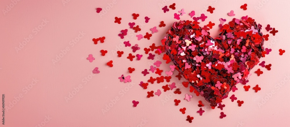 Poster confetti shaped red star heart on a pink backdrop with copy space image.