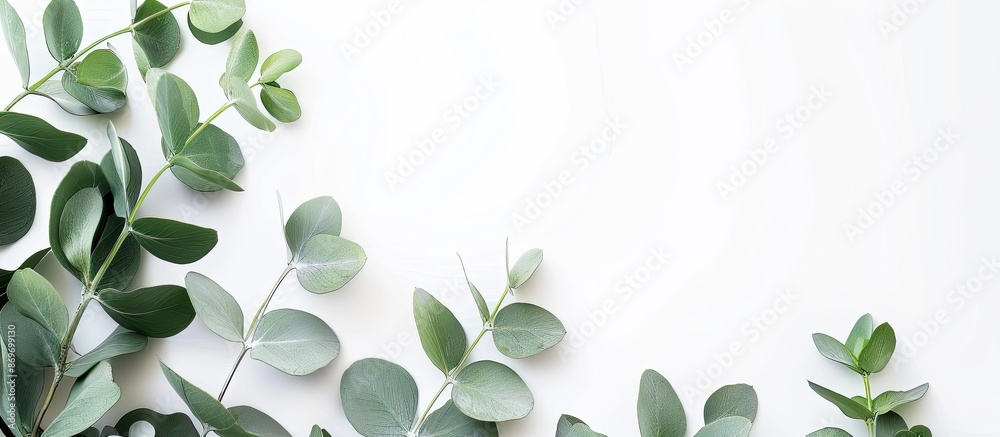 Poster eucalyptus branches on a white backdrop for aromatherapy, creating a beautiful bouquet with a place 