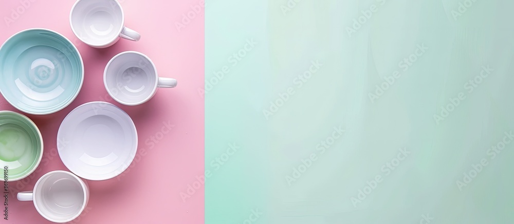 Leinwandbilder modern white and blue ceramic tableware arranged on a pink and green background in a top-down view w