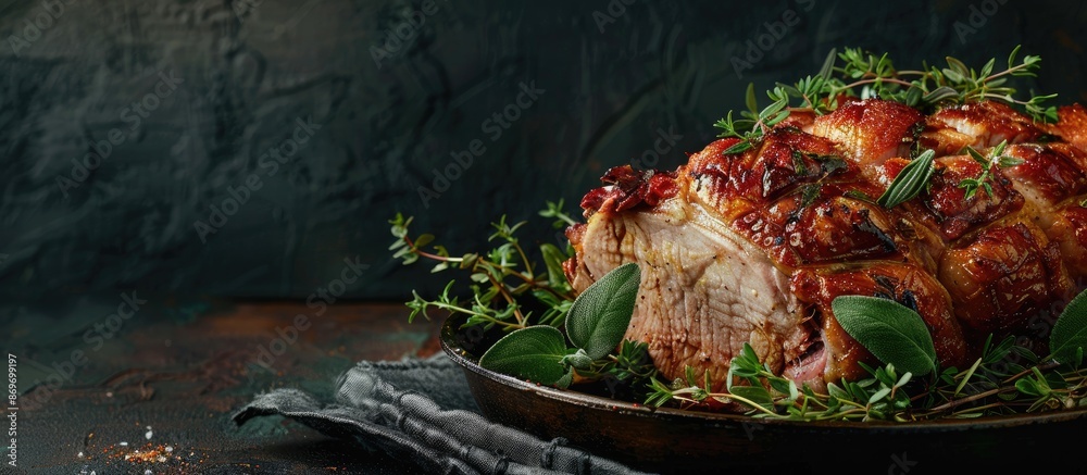 Aufkleber oven-roasted pork joint garnished with thyme and sage, ready to serve, with ample copy space against