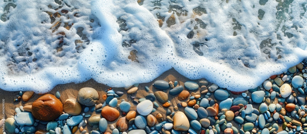 Aufkleber a scenic beach with pebble stones on a warm summer day, set against the backdrop of rolling waves in