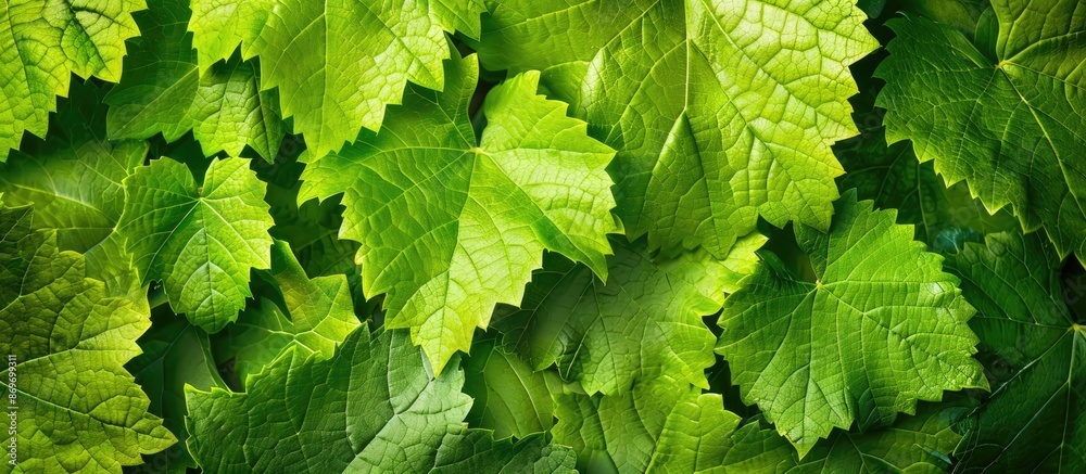 Poster vibrant fresh grape vine leaves in a bright green color with copy space image.