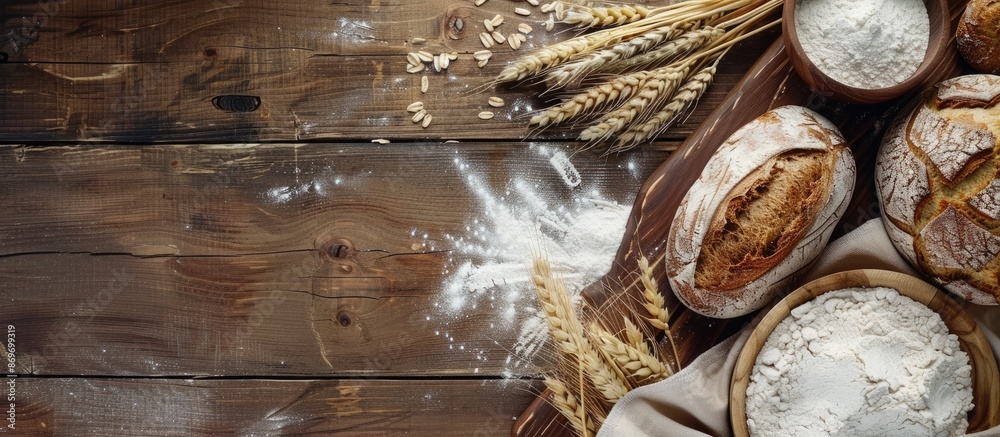 Poster wooden table with rustic bread, wheat ears, and white flour, all set up for display with a spacious 
