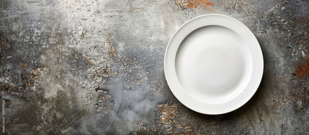 Fototapete Overhead view of a blank plate on a concrete surface with space available for your design in the image. Copy space image. Place for adding text and design