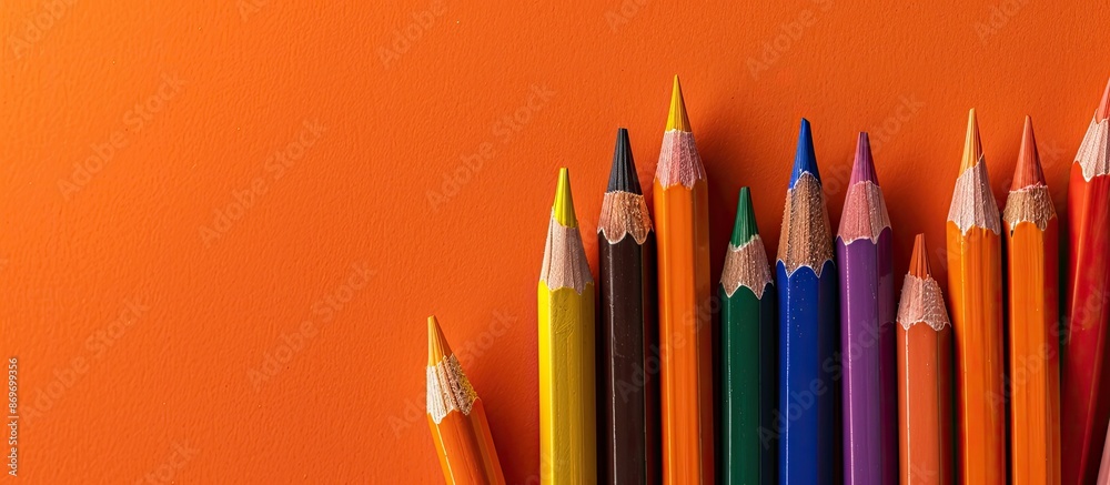 Poster Back to school concept displayed with colorful pencils on an orange backdrop, featuring copy space image.