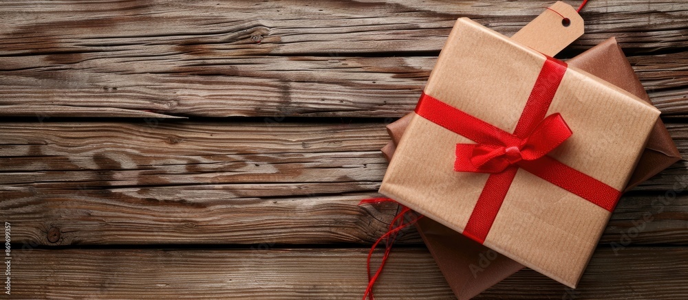 Leinwandbilder gift box in brown with a red ribbon and tag on a wooden background with ample copy space image.