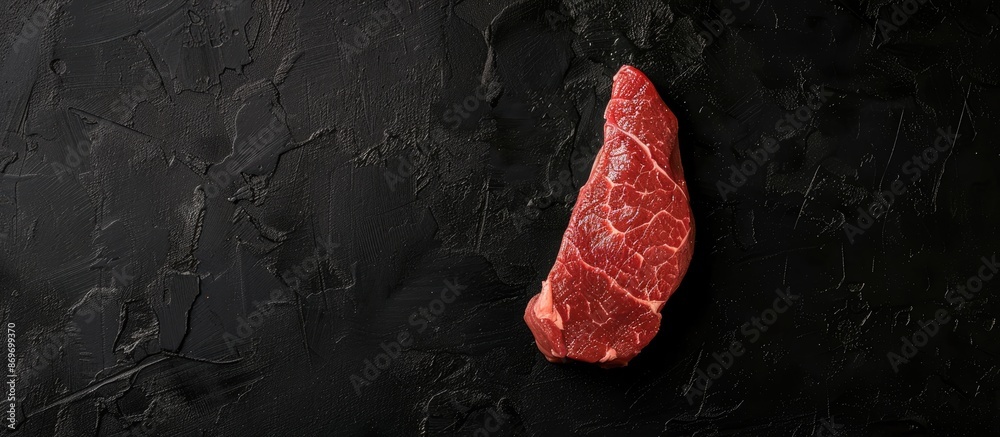 Poster Raw steak on black background, providing views from the side and above with space for text or images. Copy space image. Place for adding text and design