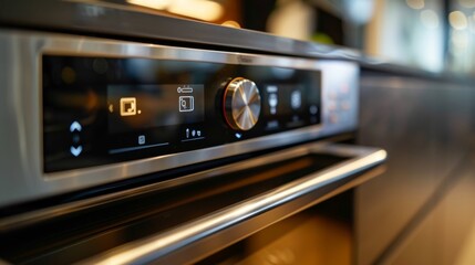 Obraz premium The control panel of a smart oven featuring a touch screen display with options for baking broiling and roasting as well as a builtin recipe search.