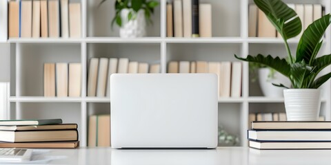 Photo of organized desk with books laptop symbolizing education and technology. Concept Education, Technology, Desk Organization, Bookshelf, Laptop Technology
