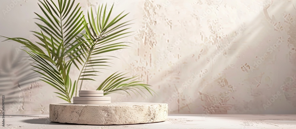 Poster Stone podium with a palm branch for displaying beauty products, set against a plain background with copy space image.