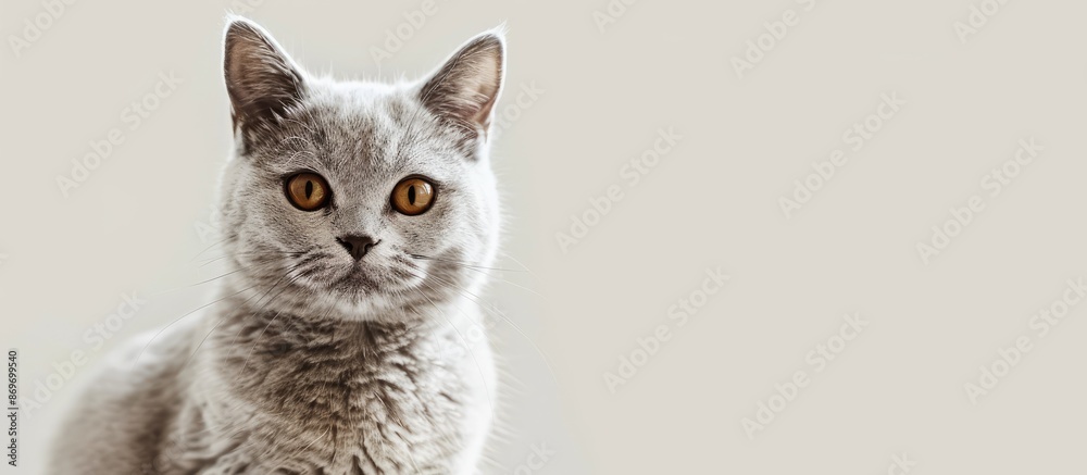 Poster playful grey british shorthair cat posing for a portrait with a cheerful expression, including copy 