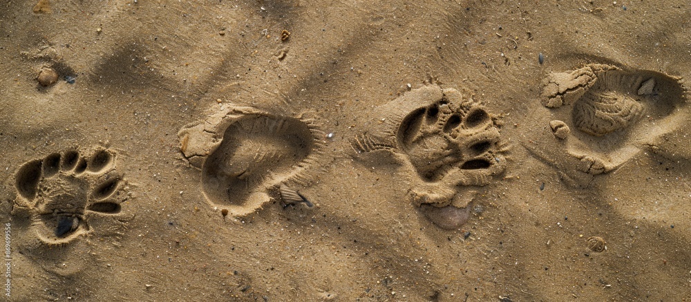 Poster top view of sandy beach with animal tracks in the sand texture, perfect as a background with copy sp