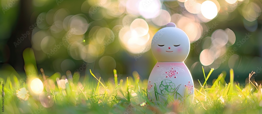 Poster a white and pink ceramic doll displayed on green grass with a blurred bokeh and sunlight background,
