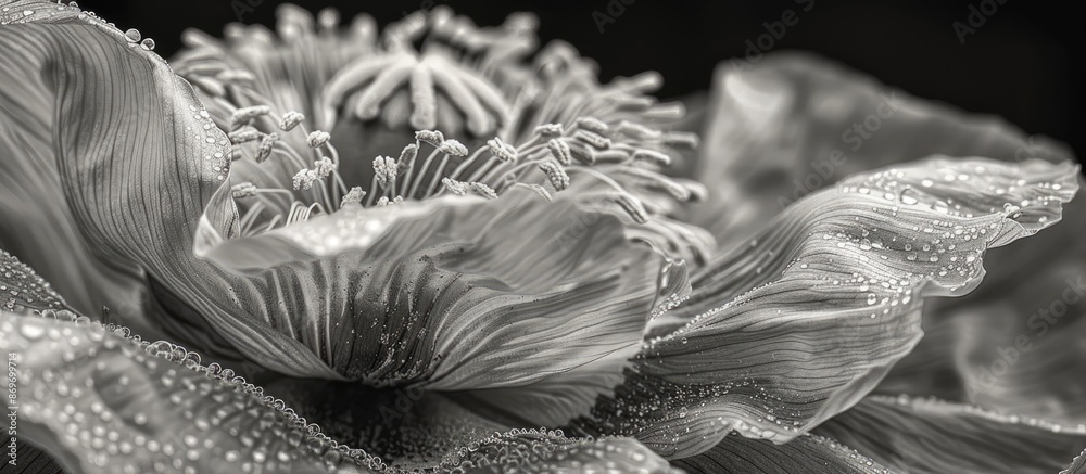 Poster a close-up monochrome macro photograph of the inner part of a single satin/silk poppy flower, displa