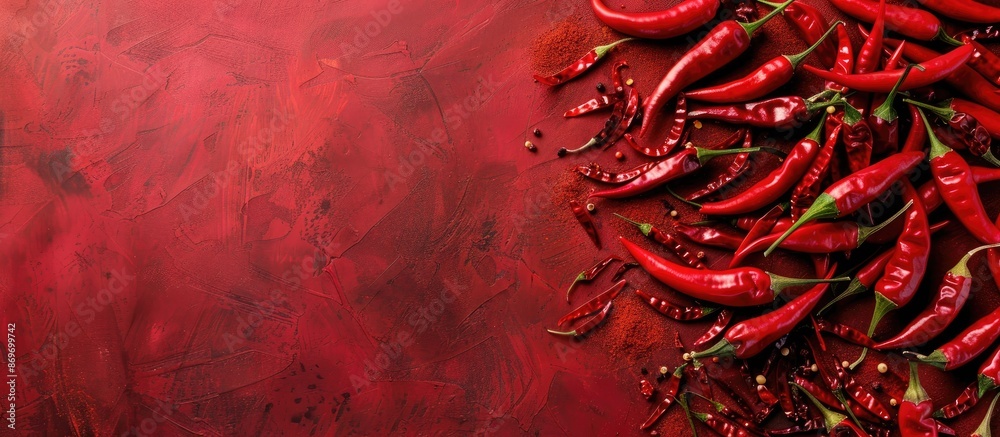 Poster Red chili arranged as a background with space for text or images. . Copy space image. Place for adding text and design