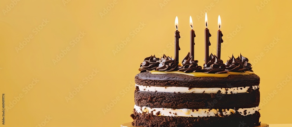 Poster Chocolate cake with candles and cream on a yellow background, with room for text, image included. Copy space image. Place for adding text and design