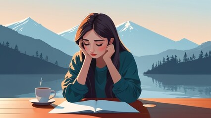Fototapeta premium Lonely girl reading a book near river with a cup of coffee