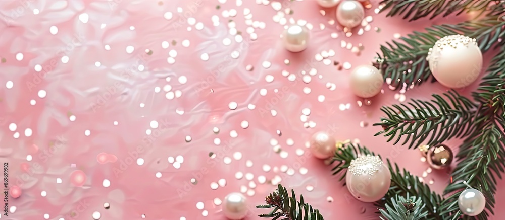 Poster festive holiday composition with pearl decorative balls, green fir branches, and sparkles on a pink 
