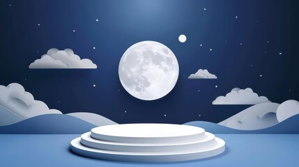 Naklejka premium Minimalist white podium design against a deep blue night background with clouds and moon, round stage for luxury product displays