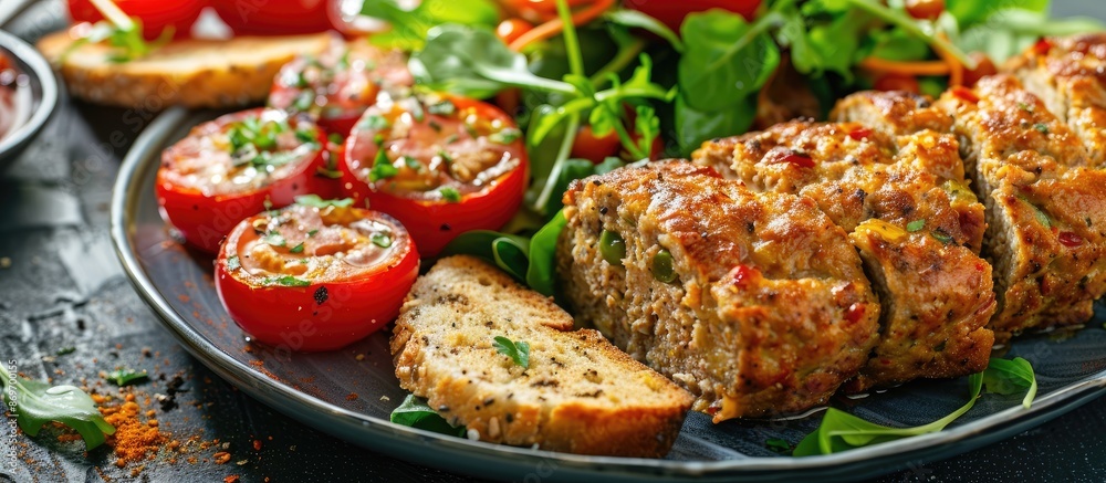 Poster healthy meal option of chicken meatloaf paired with a fresh salad and toast, perfect for lunch or di