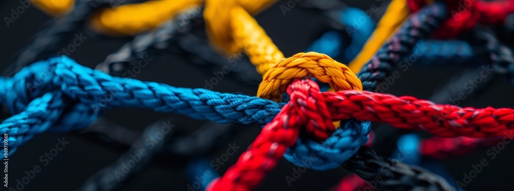 Wall mural close-up shot of vibrant ropes knotted together creating a colorful grid pattern, showcasing texture