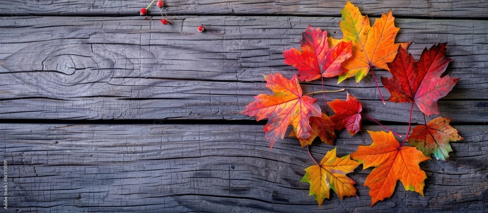 Poster autumn maple leaves in vibrant colors on a wooden backdrop with copy space image.