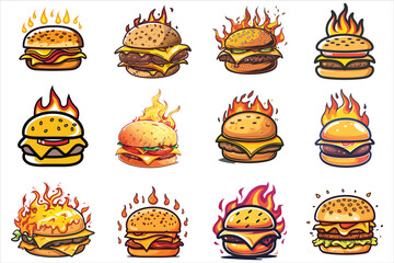 Cartoon Style Burger Cheese With Fire Vector Illustration