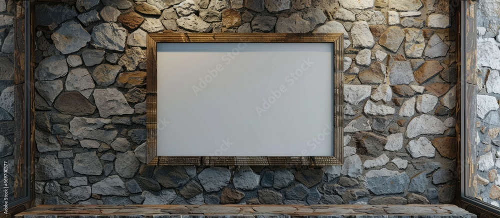 Poster Stone wall with an empty picture frame billboard can be used as a white canvas mock-up image. Copy space image. Place for adding text and design
