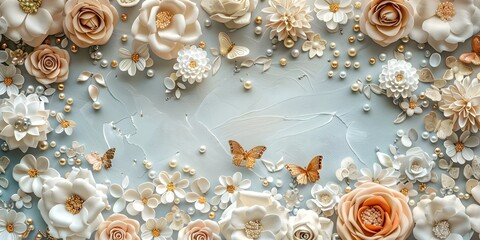 Obraz premium Elegant Wedding Mural Adorned with Flowers, Pearls, Butterflies, and Golden Decorative Elements. Concept Wedding Mural, Floral Decor, Butterfly Details, Golden Accents, Elegant Theme