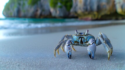 Fototapeta premium Lone Crab Explores Sun-Drenched Summer Beach in Striking Clarity