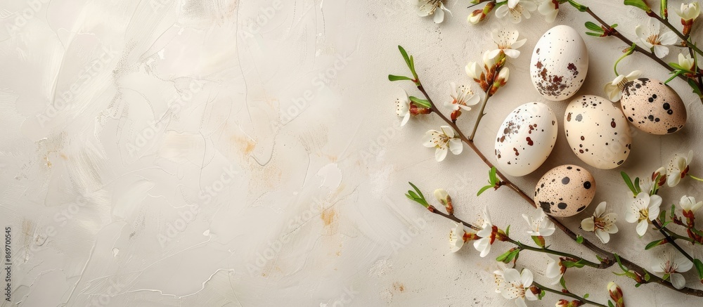 Aufkleber View from above of a simple natural Easter greeting card concept adorned with eggs and spring flowers, featuring copy space image.
