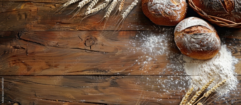 Aufkleber wooden table with rustic bread, wheat ears, and white flour, all set up for display with a spacious 