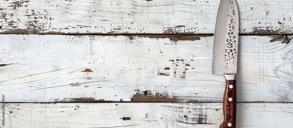 Poster rustic kitchen knife displayed on white wooden backdrop with copy space image.