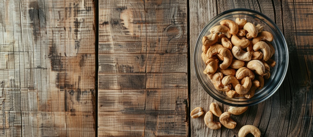 Poster Top view of a glass bowl filled with raw cashew nuts displayed on a wooden table, creating a serene copy space image.