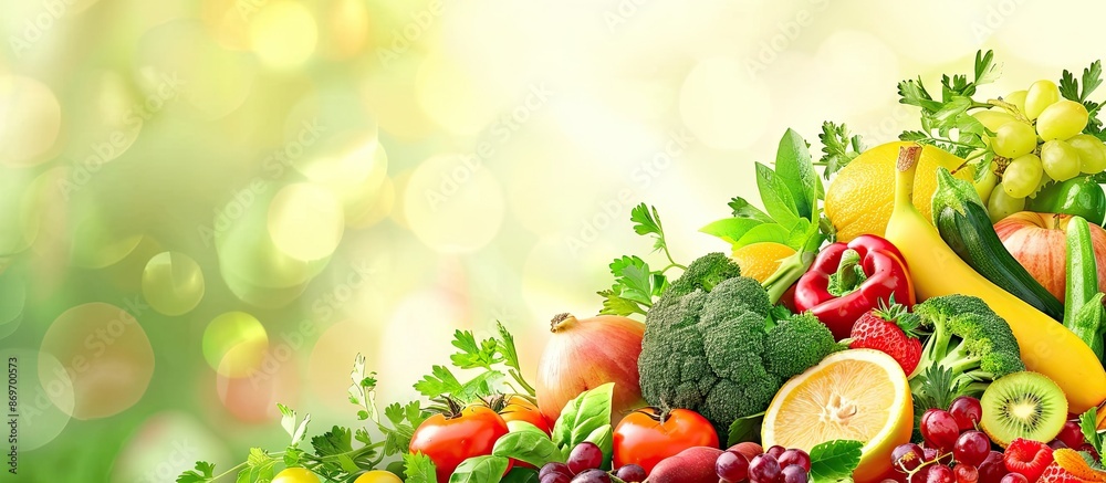 Poster background of fresh vegetables and fruits with copy space image.