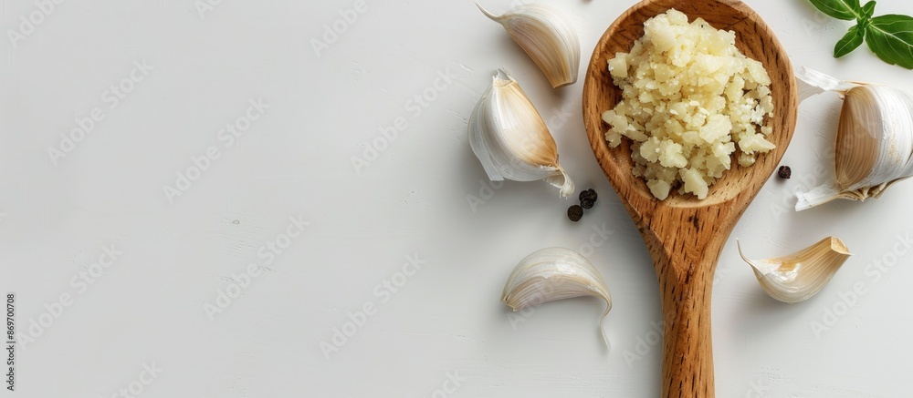 Poster Wooden ladle with minced garlic on a white desk with a plain background, presenting a top view of the copy space image.
