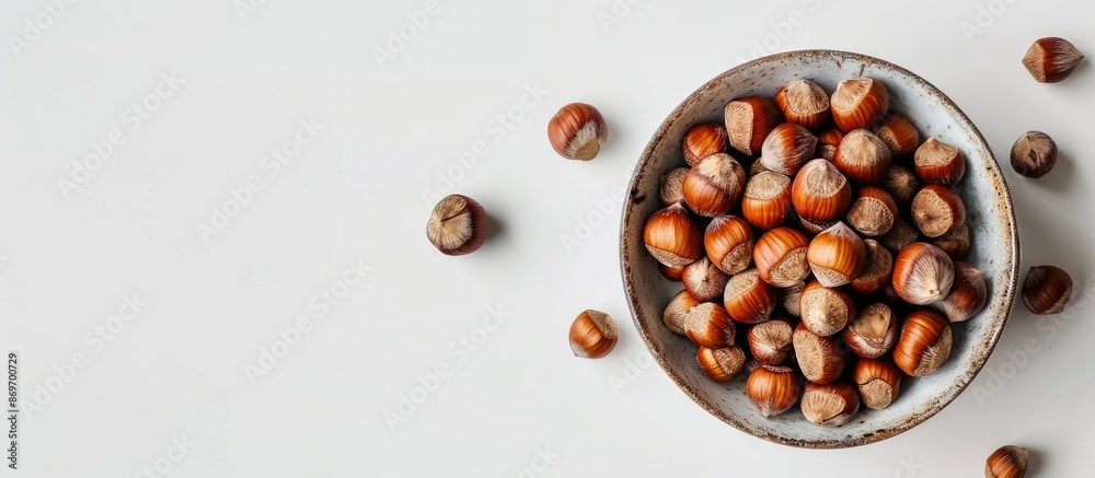Aufkleber Overhead view of a bowl filled with hazelnuts on a white backdrop with copy space image.