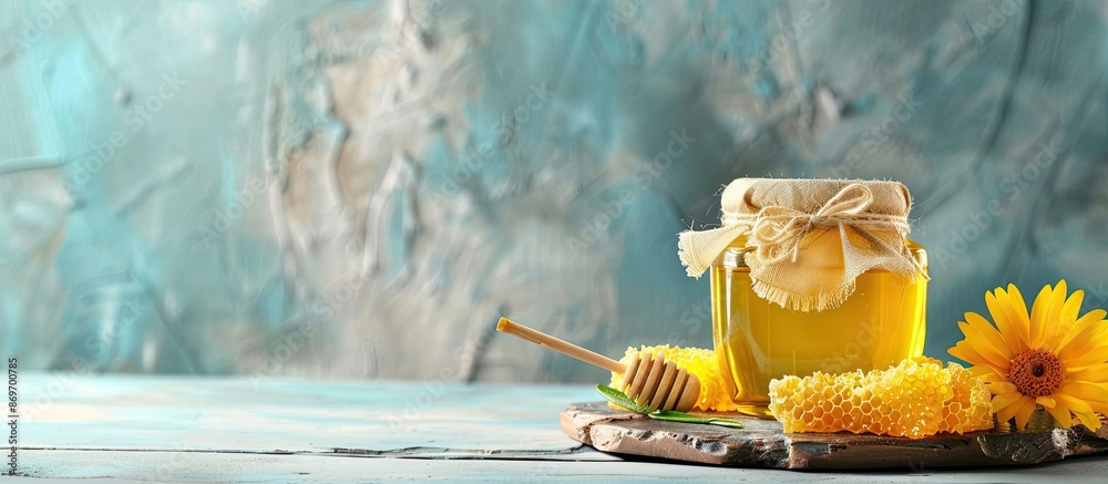 Leinwandbilder jar of honey and honeycombs displayed on a bright table with available copy space image.