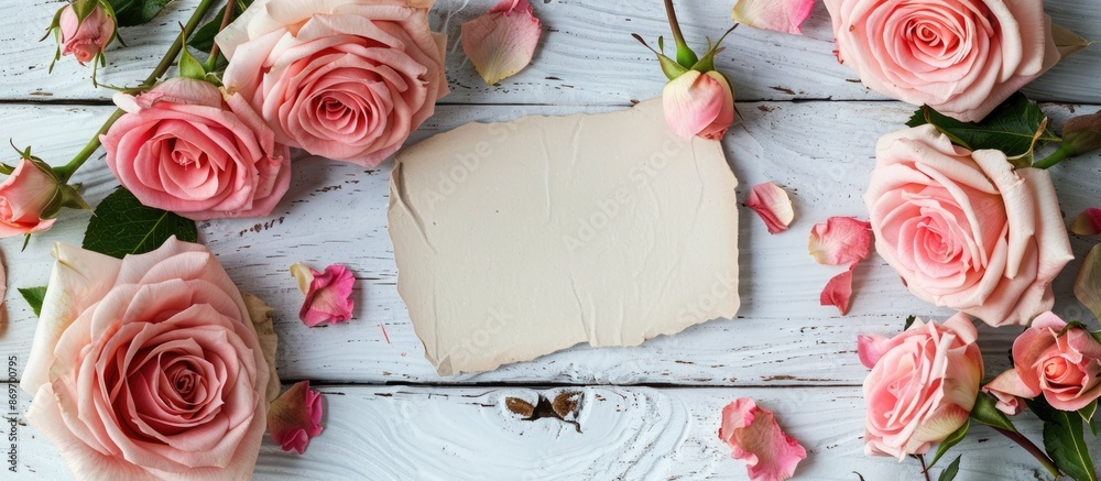Poster valentine's day mockup featuring a circle of pink rose flowers on a rustic white wood background, ac