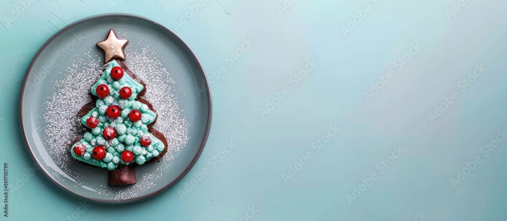 Poster Top view of a festive Christmas tree cake adorned with a chocolate star, red berries, on a gray plate set on a blue table, perfect for adding text or graphics in the copy space image.