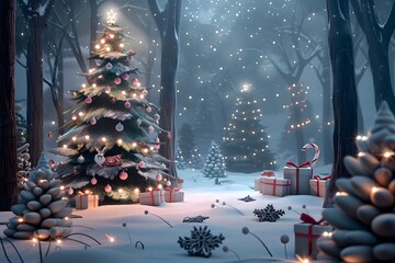 Magical Christmas night forest with decorated tree, gifts, twinkling lights, and snow-covered ground