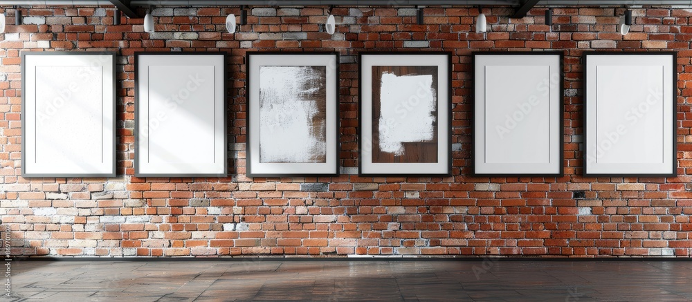 Aufkleber modern art gallery displaying frames with blank canvases on a brick wall, providing copy space image
