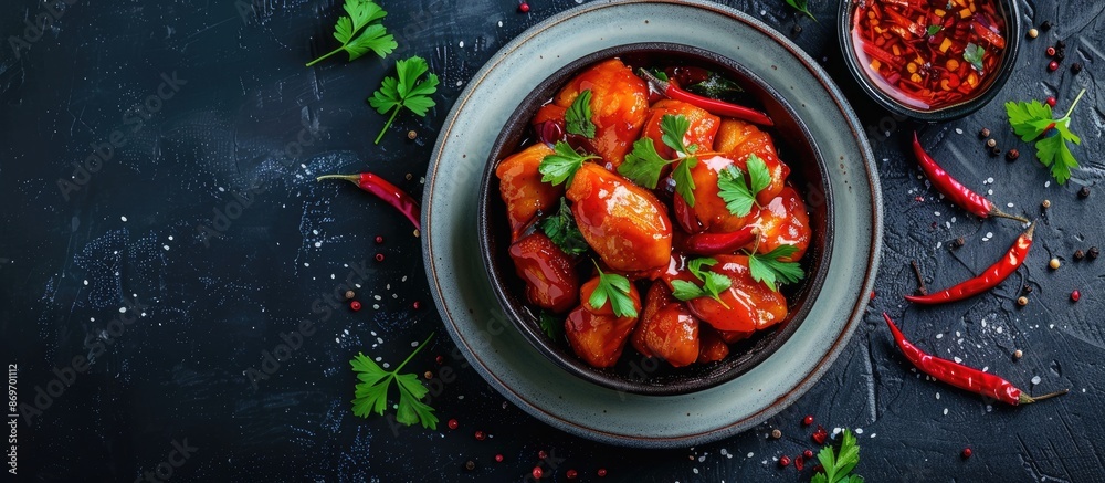 Poster delicious sweet and sour chicken served in a bowl with spices on a dark backdrop featuring copy spac