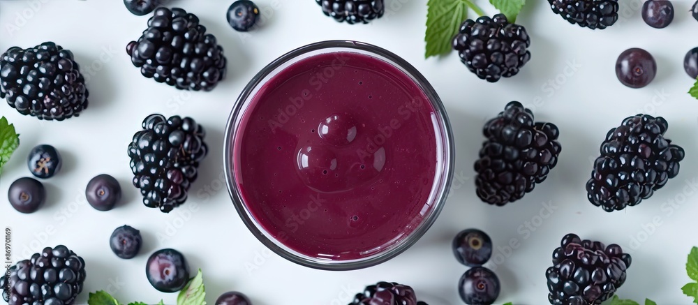 Poster blackberry smoothie in a glass on a white backdrop with room for additional elements in the picture.