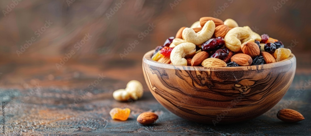 Poster healthy snack featuring a blend of mixed nuts and dried fruits presented in a rustic wooden bowl wit