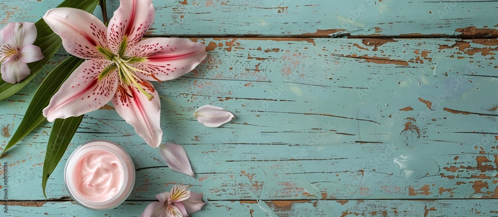 Sticker Weathered wooden table background with a pink lily flower and cosmetic cream, creating a charming copy space image.