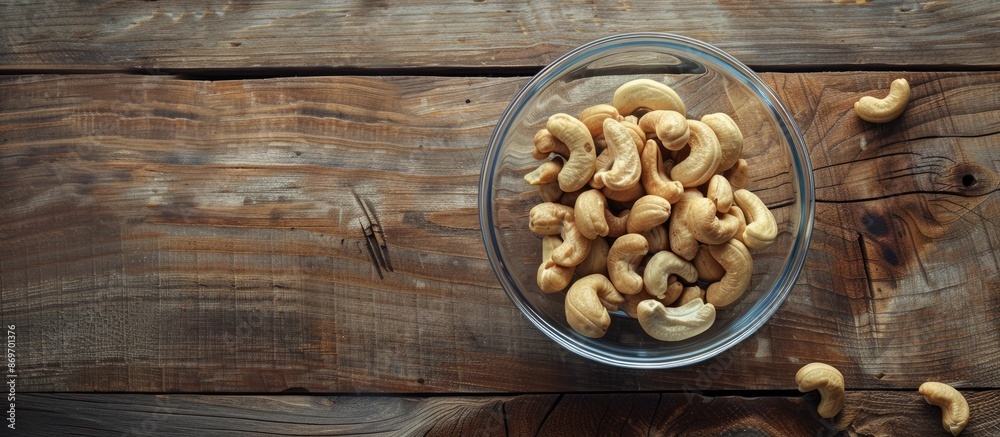 Poster Top view of a glass bowl filled with raw cashew nuts displayed on a wooden table, creating a serene copy space image.