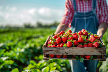 A farmer holding a wooden crate full of freshly picked strawberries with blurred plantation on background.