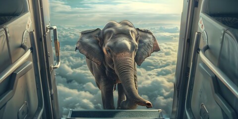 A Humorous Advertising Campaign An Elephant Climbing Stairs to Board a Plane. Concept Creative Advertising, Humorous Campaign, Animal Characters, Air Travel, Unexpected Situations